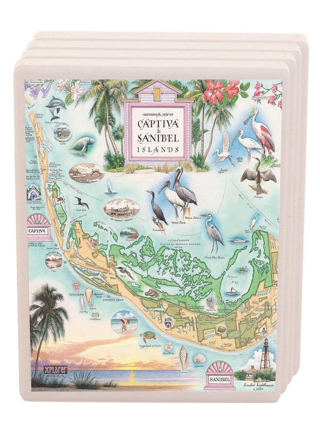 Xplorer Maps Florida's Sanibel-Captiva Islands Map Ceramic Coasters with Cork Base - Set of 4 - Image 1
